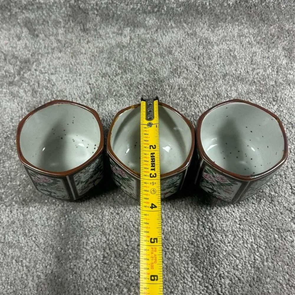 Hexagonal Tea Cups White Brown Floral Bird Ceramic Set of 3